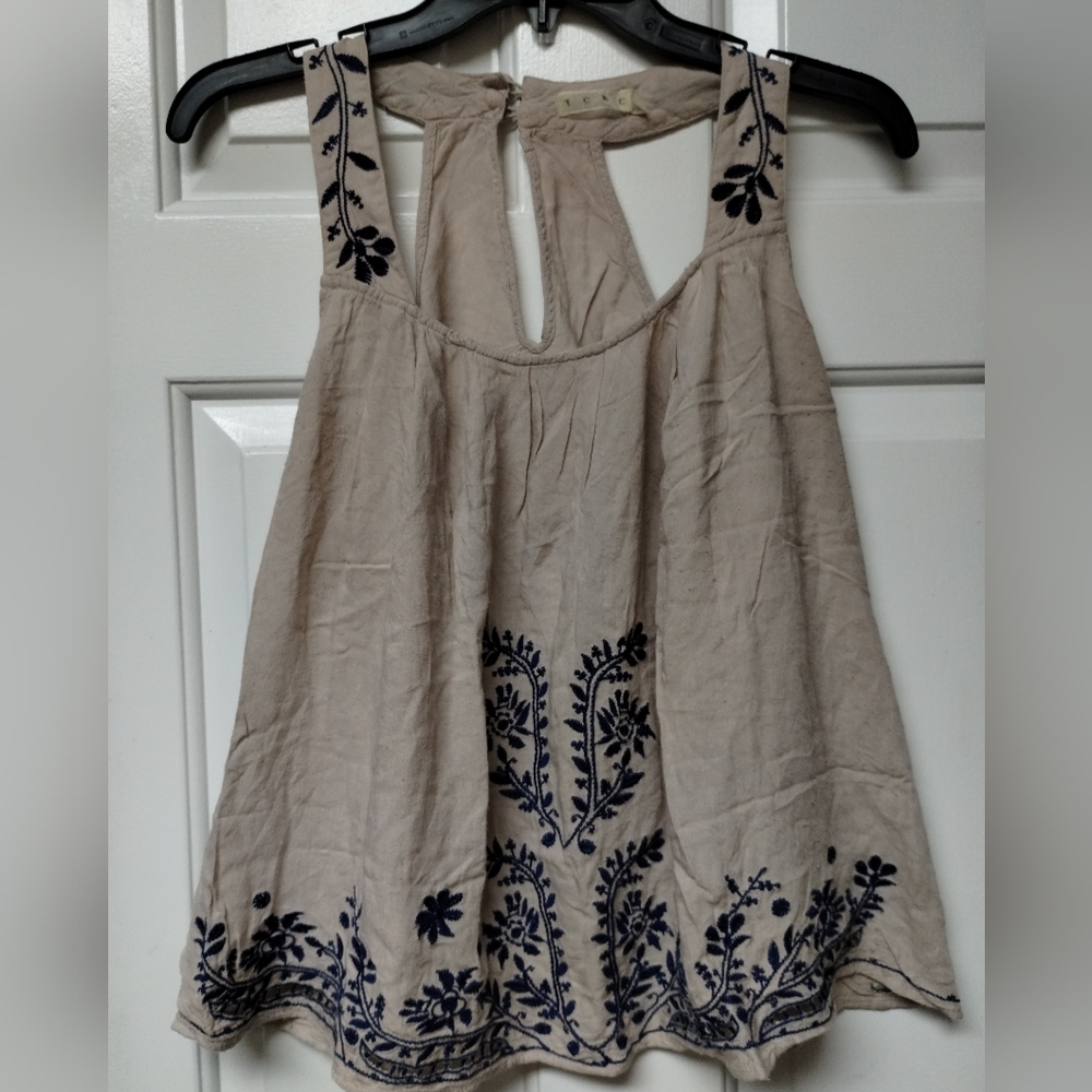 TCEC Beige Tank with Navy Floral Embroidery.  Sz